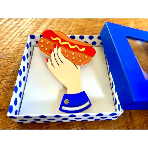 Bessie's Special Hot Dog Brooch | Quirky Food Jewelry | Lipstick & Chrome - Picture 3 of 3